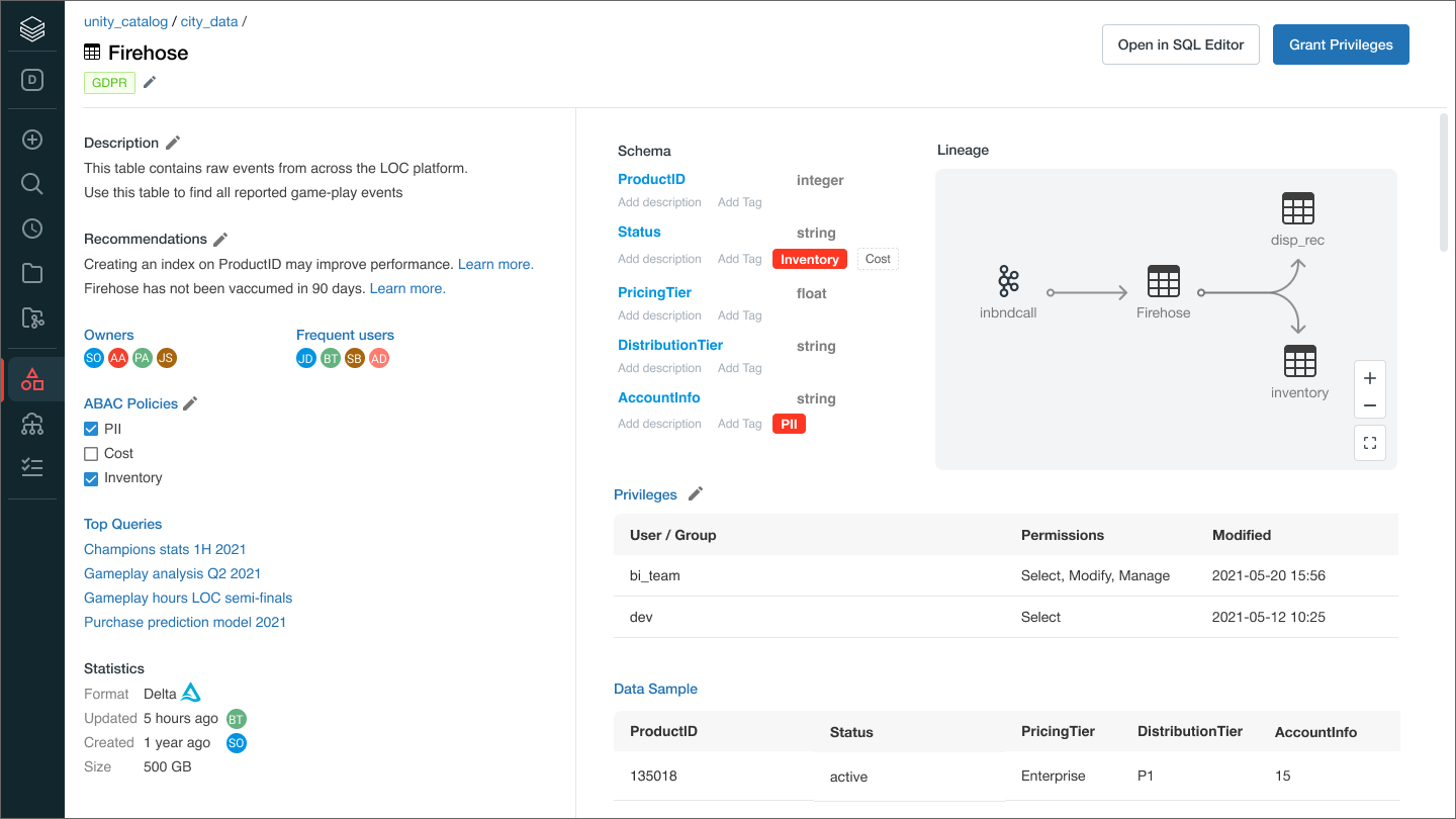 Screenshot van Databricks Unity Catalog software.