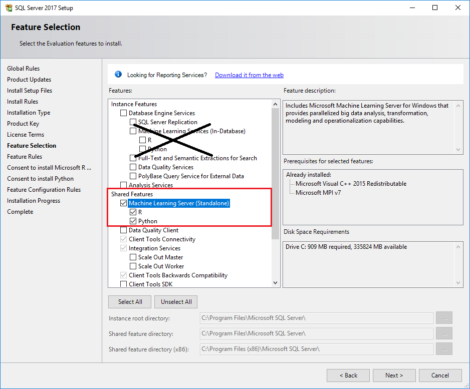 Screenshot van Microsoft Machine Learning Server software.