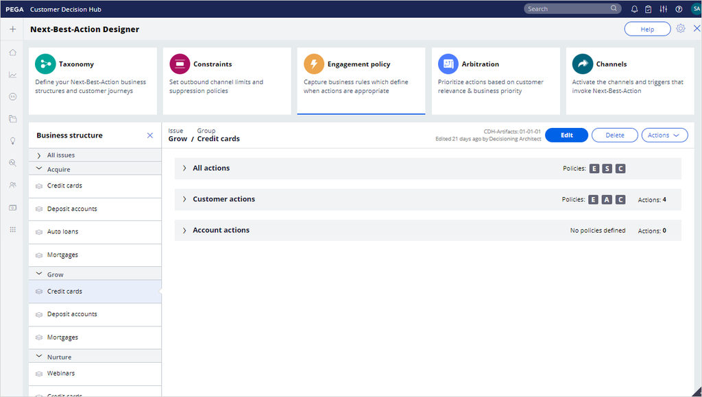 Screenshot van Pega Customer Decision Hub software.