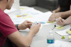 Foto van personen die werken aan een procesmodel met post-its