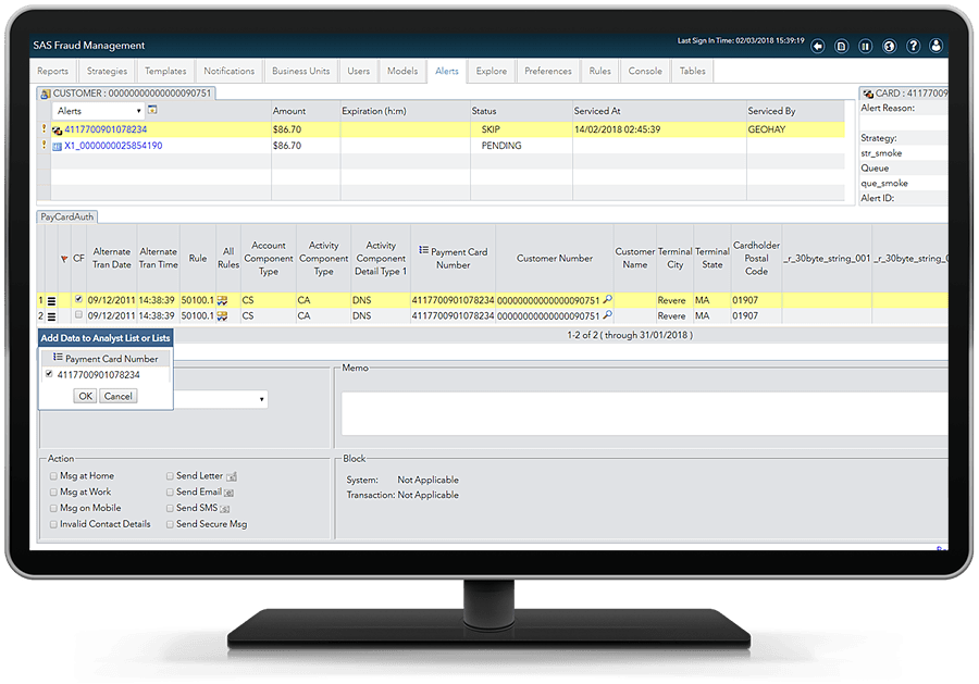 Screenshot van SAS Fraud Framework software.