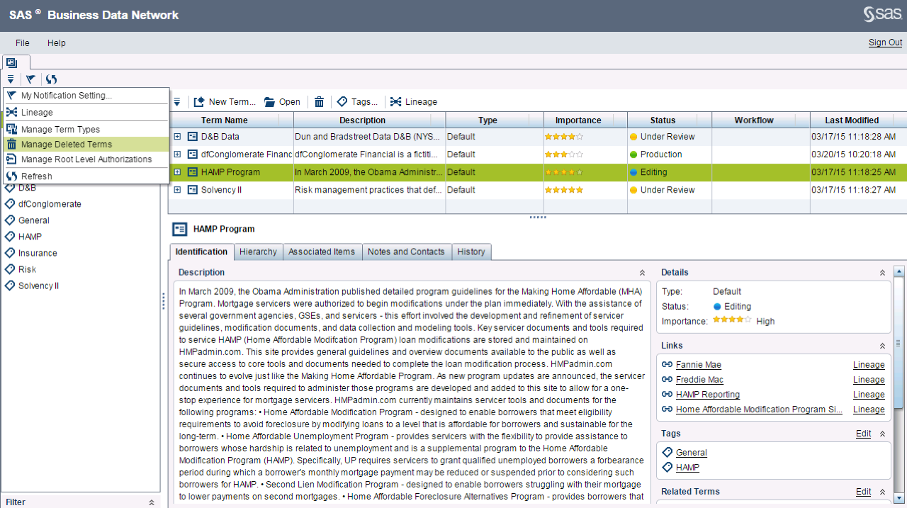 Afbeelding van SAS Visual Data Governance tools.